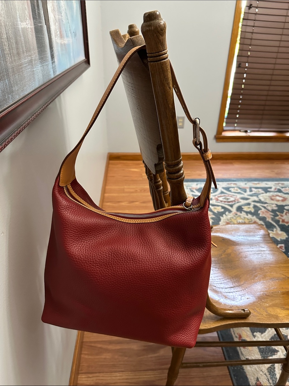 Dooney & Bourke Red Pebble Leather Hobo with Tan Trim - Picture 2 of 7